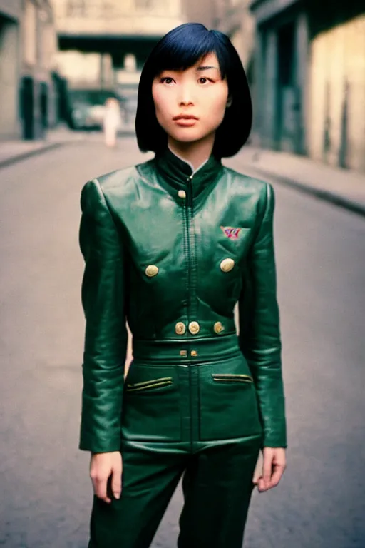 Prompt: ektachrome, 3 5 mm, highly detailed : incredibly realistic, beautiful three point perspective closeup 3 / 4 portrait photo in style of chiaroscuro style 1 9 9 0 s frontiers in flight suit cosplay paris street photography, youthful asian demure, perfect features, cool haircut, atheletic agency model, vogue fashion edition