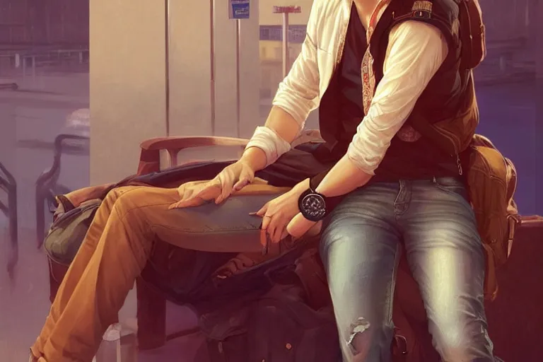 Image similar to Sensual good looking pale young Indian doctors wearing jeans in an airport, portrait, elegant, intricate, digital painting, artstation, concept art, smooth, sharp focus, illustration, art by artgerm and greg rutkowski and alphonse mucha