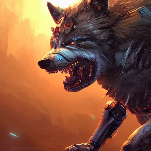Prompt: an angry cyborg wolf apex predator. intricate, epic lighting, cinematic composition, hyper realistic, 8 k resolution, unreal engine 5, by artgerm, tooth wu, dan mumford, beeple, wlop, rossdraws, james jean, marc simonetti, artstation