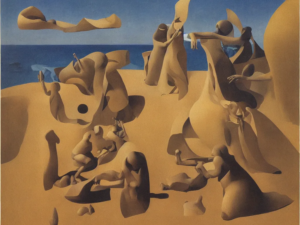 Image similar to Hermit living under the giant dress of a woman, making surreal sculptures in the sand. Still life with teeth. Zurbaran, Rene Magritte, Jean Delville, Max Ernst, Roger Dean