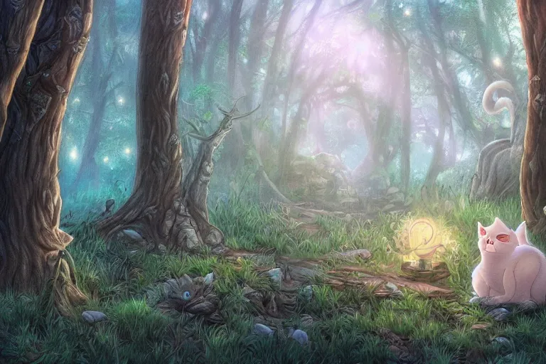 Image similar to a cat in a forest, highly detailed, digital art, trending on artstation, backlighting, by kawacy, by wayne mclouglin, by don bluth, fan art