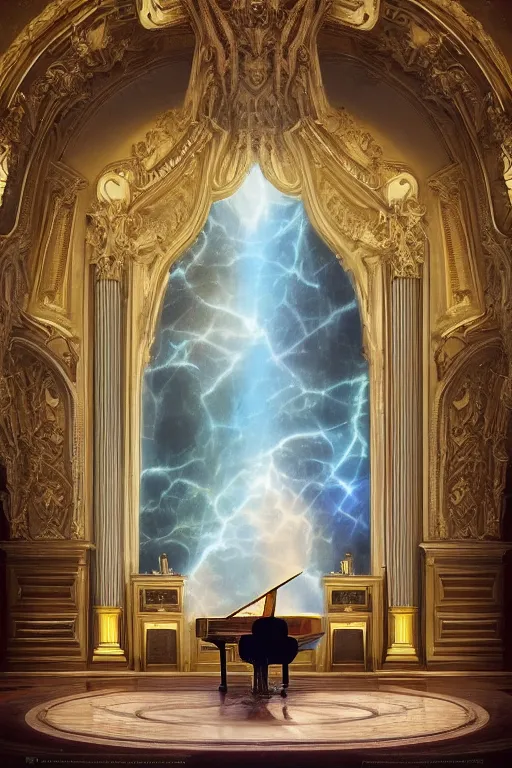 Image similar to Mac Miller playing the piano in the middle of a marble palace in Heaven, Golden Halo, RIP, Heavenly, Divinity, waterfalls, beams of golden light, Hope, Ethereal, Symmetry, environment concept, Atmospheric Lighting, artstation trending, ladders, angelic, Rendered in Octane, trending on artstation, cgsociety,, environment 8K artstation, cinematic, intricate details, 4k detail post processing, hyperrealistic, ultra detailed cinematic