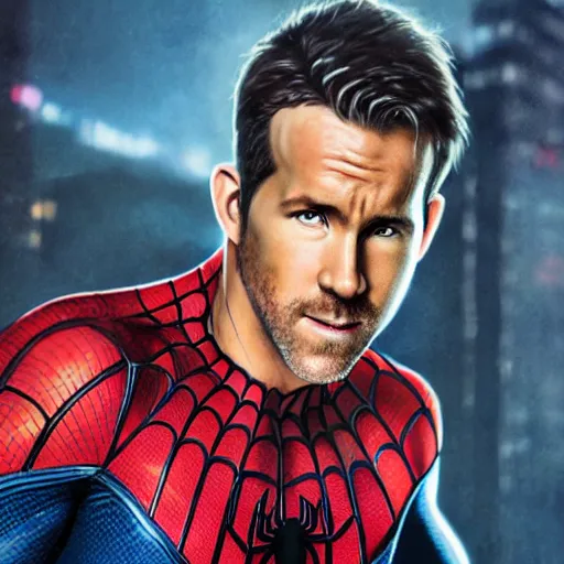 Image similar to ryan reynolds as spider - man, wearing a black and blue suit, cinematic, volumetric lighting, f 8 aperture, cinematic eastman 5 3 8 4 film, photorealistic by greg rutkowski, by stanley artgerm, by alphonse mucha