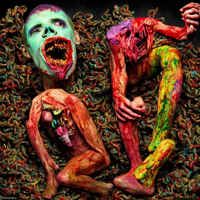 Prompt: a very colorful and beautiful ( flesh - eating ) padoumpa, eating the leg of a terrified man, standing on top of a mountain of maggots, schizophrenic hallucination, by alexandro judorowski and basia tran, fear, morbid, nightmare, supernatural, 8 k, digital art, highly detailed, chiaroscuro, creepy, terrifying