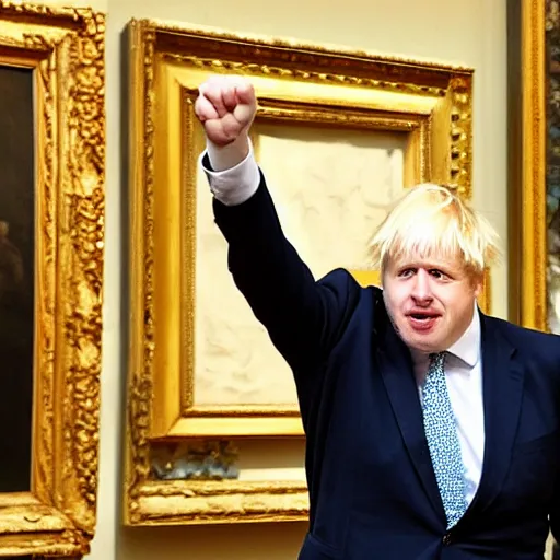 Image similar to Boris Johnson angrily throws tomatoes at paintings in the louvre