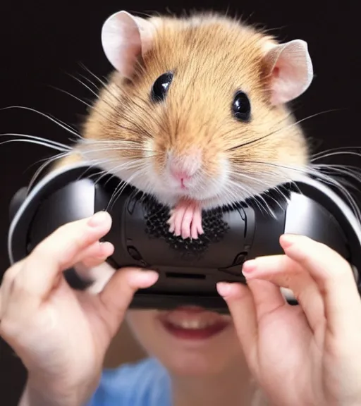 Prompt: a hamster wearing a VR headset on its head.