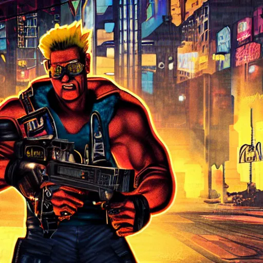 Prompt: duke nukem in a cyberpunk street