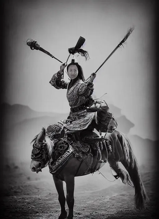 Prompt: old vintage photo of Chinese ancient warrior female team on the complex steam punk hooverboard, extreme sports photography , dynamic photography, high speed,dirt and grawel flying in the spot, lens flares, dust in the air, moody lighting, intricate, elegant, highly detailed, centered, smooth, sharp focus, sports photography, old photo, black and white, sepia, cinematic lighting, cinematic angle, national geographic