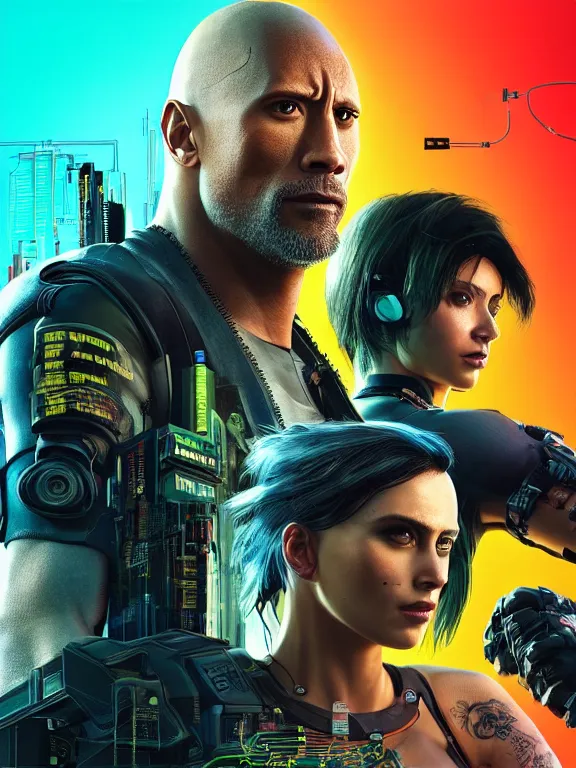 Image similar to a cyberpunk 2077 illustration half body portrait of Dwayne Johnson and a female android with complex mess of cables and wires behind them connected to giant computer, love,film lighting, by laurie greasley,Lawrence Alma-Tadema,William Morris,Dan Mumford, trending on atrstation, full of color, mythological, high detailed,golden ratio,cinematic lighting