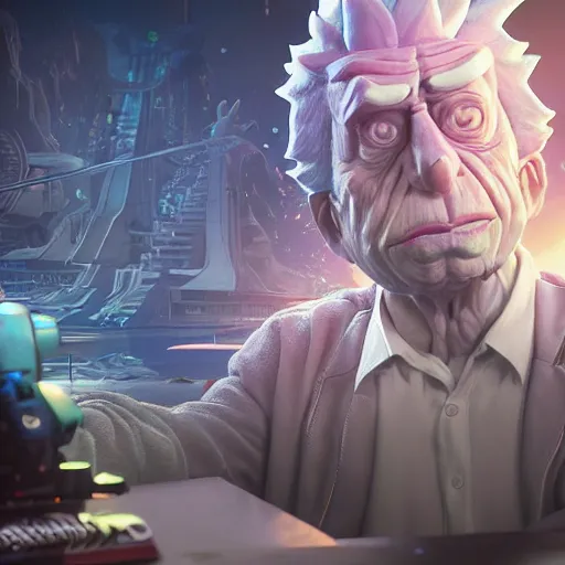 Image similar to full body pose, hyperrealistic photograph of rick sanchez from rick and morty, dim volumetric lighting, 8 k, octane beautifully detailed render, extremely hyper detailed, intricate, epic composition, cinematic lighting, masterpiece, trending on artstation, very very detailed, stunning, hdr, smooth, sharp focus, high resolution, award, winning photo, dslr, 5 0 mm