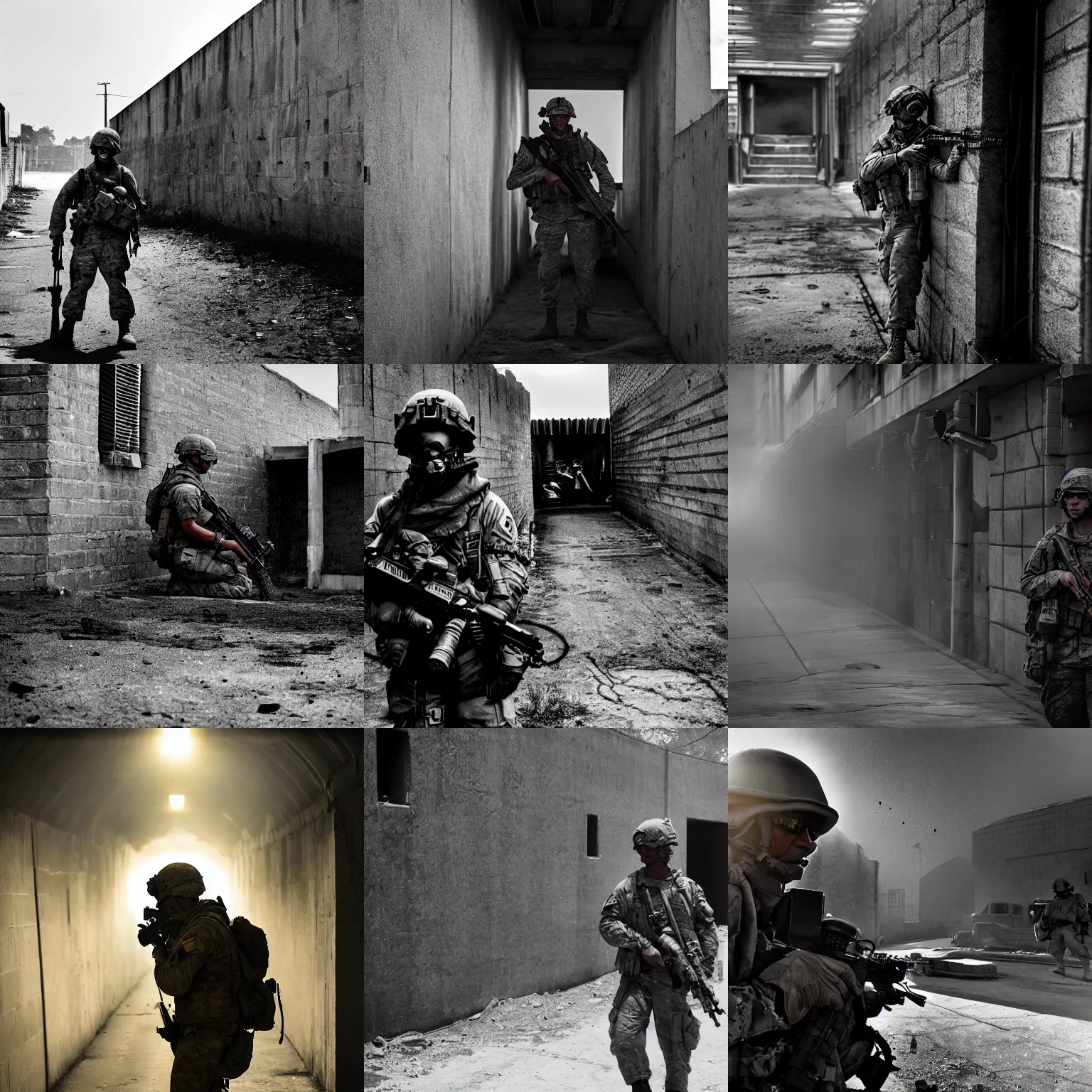 Prompt: an American soldier taking cover behind a city wall from alien invaders, cinematic lighting, photography, intense, gritty, harsh shadows