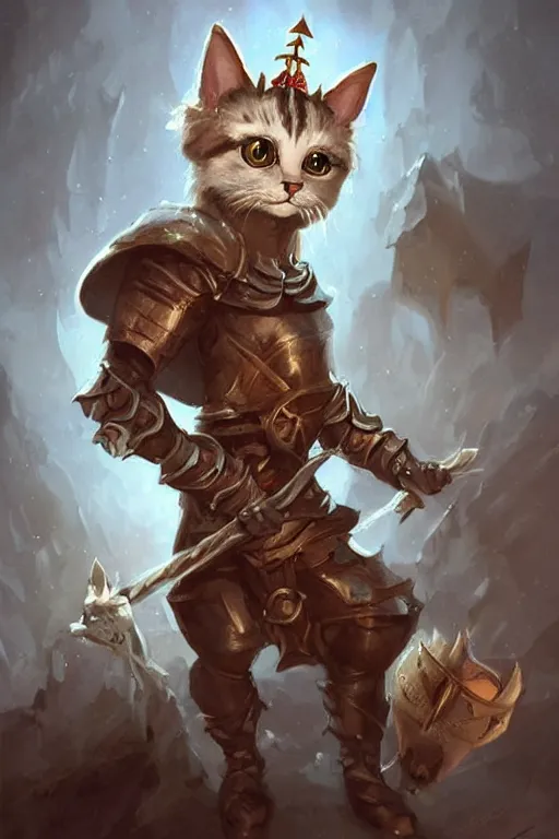 Image similar to cute little anthropomorphic cat knight wearing a cape and a crown, tiny, small, miniature cat , baby animal, short, pale blue armor, cute and adorable, pretty, beautiful, DnD character art portrait, matte fantasy painting, DeviantArt Artstation, by Jason Felix by Steve Argyle by Tyler Jacobson by Peter Mohrbacher, cinematic lighting