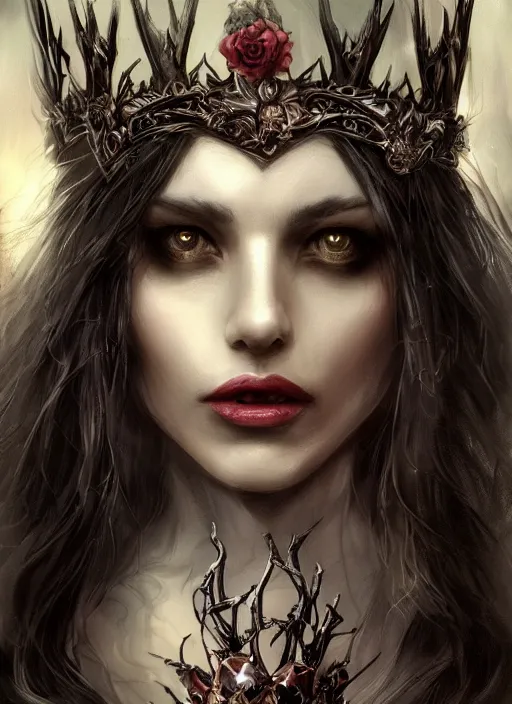 Image similar to mysterious dark and beautiful witch with long hair and a crown, fantasy, medieval, vivid colors, fantasy, elegant, concept art, sharp focus, beautiful face!!, digital art, Hyper-realistic, 4K, Unreal Engine, Highly Detailed, HD, Dramatic Lighting by Brom, trending on Artstation