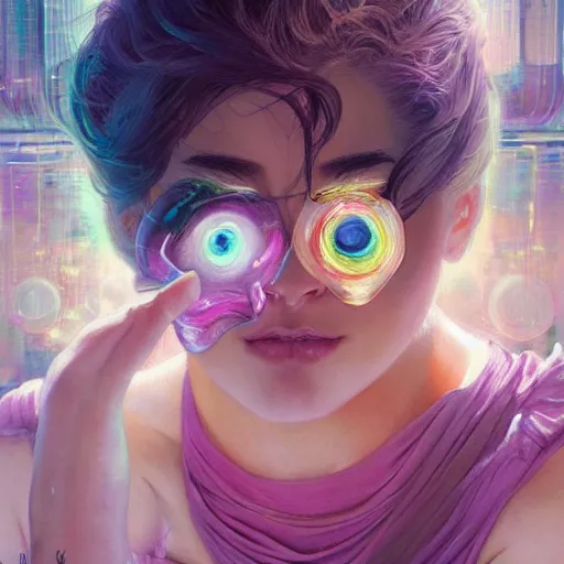 Prompt: dream portrait of a transformer , dreamy and ethereal, expressive pose, big pink eyes, exciting expression, fantasy, intricate, elegant, many rainbow bubbles, rose tones, highly detailed, digital painting, artstation, concept art,cyberpunk wearing, smooth, sharp focus, illustration, art by artgerm and greg rutkowskiand alphonse mucha, Salvador Dali