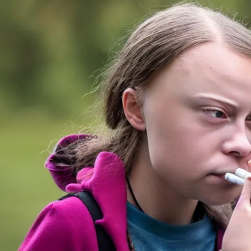 Prompt: hyper - realistic studio photograph of greta thunberg smoking a cigarette