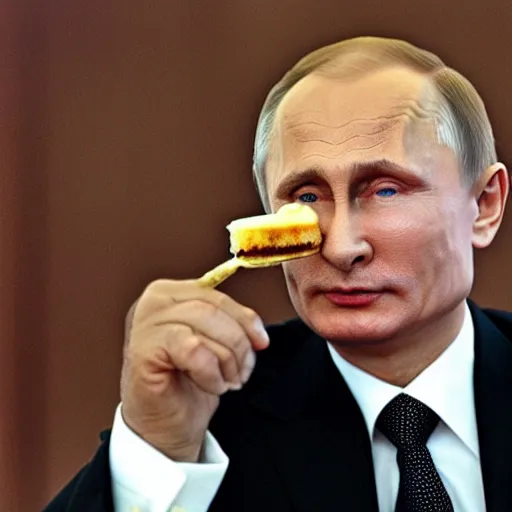 Image similar to vladimir putin endorsing a creme brulee with banana slice on top