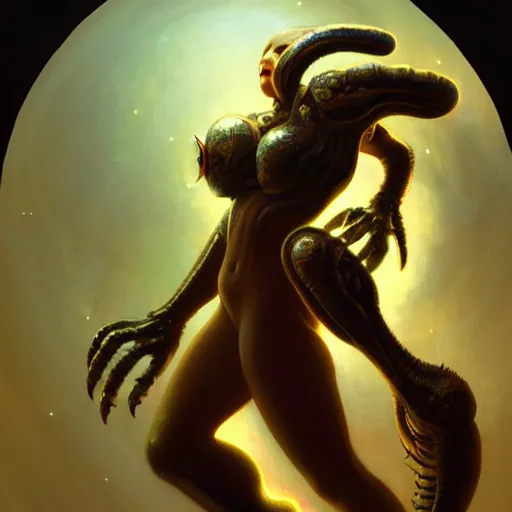 Image similar to metroid creature, dark fantasy, medium shot, intricate, elegant, highly detailed, digital painting, volumetric light, artstation, concept art, smooth, sharp focus, illustration, art by Gil Elvgren and Greg Rutkowski and Alphonse Mucha