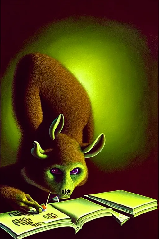 Image similar to a hyperrealistic painting of a chimeric creatures studying for a math exam, cinematic horror by jimmy alonzo chris cunningham, lisa frank, richard corben, highly detailed, vivid color,