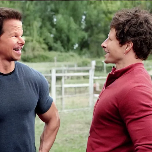 Image similar to mark wahlberg and andy samberg talking to farm animals