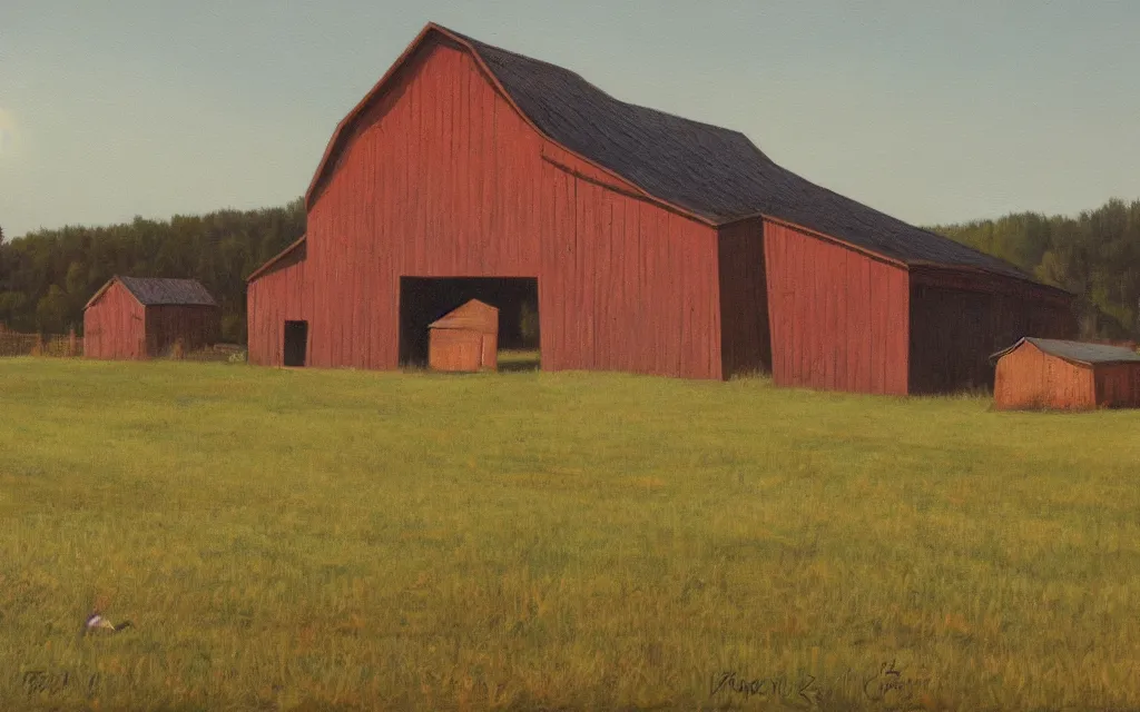 Prompt: a painting of an old haunted empty barn in summer evening, by peteris kalve, oil on canvas