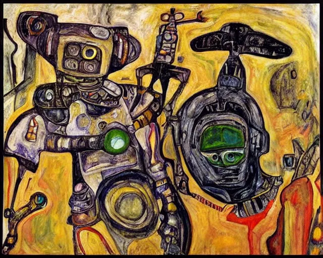 Prompt: a painting of a aliens and robots by graham sutherland, egon schiele, expressionism