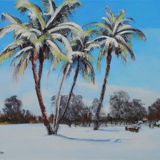 Image similar to winter landscape with large coconut trees, painting oil on board by olaf krans