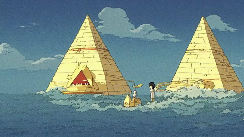 Image similar to a movie still from a studio ghibli film showing a large white pyramid and a golden ufo in the middle of the ocean. by studio ghibli