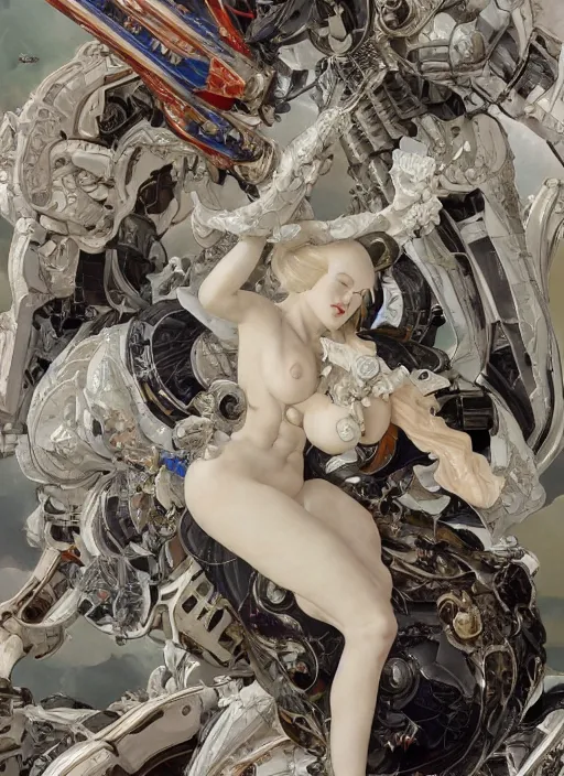 Prompt: stunning intricate render white veined marble simplified mechangel mecha demon falling angel Bernini pin-up cut cracked rock by Gil Elvgren, Katsuhiro Otomo, Greg Tocchini, Tomer Hanuka, Hiroshi yoshida, Alphonse Mucha, Kintsugi, trending artstation, hyperrealism, matte painting, very fine detail, 8k, rendered in Octane