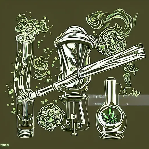 Prompt: cannabis paraphernalia bong water pipe, weed, fire, smoke, petros afshar