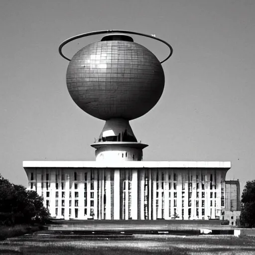 Image similar to chunky cubic government building with a a satellite dish on the roof, soviet architecture