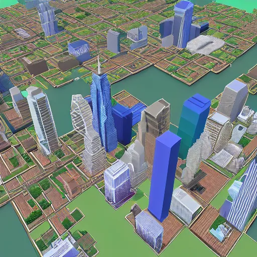 Image similar to detailed build of new york city skyline built in minecraft, isometric view