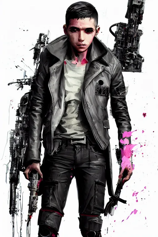 Prompt: highly detailed portrait of a cyberpunk young man from Umbrella Academy with long white hair, realistic face, proportionate face structure, by Dustin Nguyen, Akihiko Yoshida, Greg Tocchini, Greg Rutkowski, Cliff Chiang, 4k resolution, Nier Automata inspired, science inspired, military inspired, vibrant and hot pink, black and white color scheme!!! ((futuristic laboratory background))