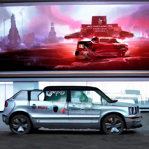 Image similar to sci-fi wall structure logotype and car on the coronation of napoleon and digital billboard in the middle in dark atmosphere by Ruan Jia Sheng Lam