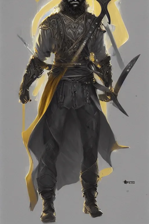 Image similar to Arab man light beard, curly hair, swordsman, modern, hero, leather , yellow and charcoal, character concept art, costume design, trending on artstation, Artgerm , WLOP