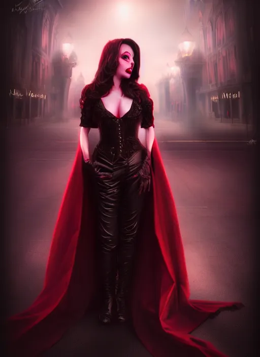 Image similar to realistic matte painting, full length portrait, the duchess of blood owns the las vegas strip, vampire, night, fangs, highly detailed, CGsociety, concept art, HDR, hyper realistic, volumetric lighting, subsurface scattering, unreal