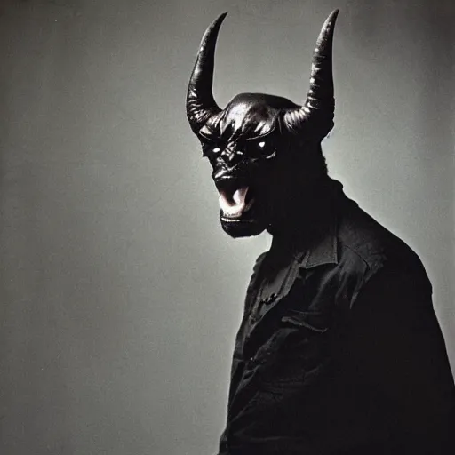 Image similar to close up portrait photo of a devil in a studio, photo by annie leibovitz