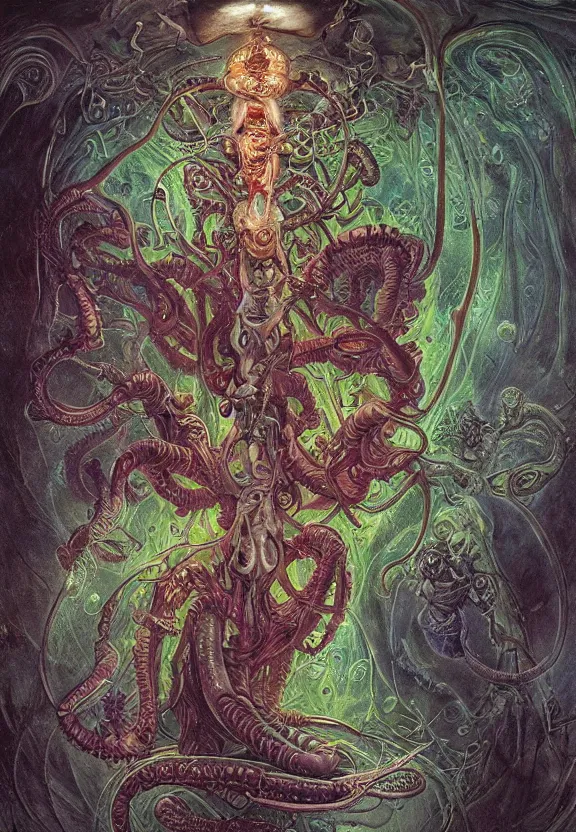 Image similar to simplicity, elegant, colorful glowing muscular cyborg eldritch, flowers, bodies, radiating, mandala, psychedelic, underwater, bubbles, shadows, by h. r. giger and esao andrews and maria sibylla merian eugene delacroix, gustave dore, thomas moran, pop art, giger's biomechanical xenomorph, art nouveau