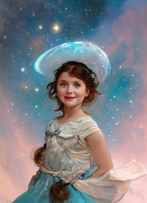 Image similar to a cute little girl with blue eyes, and short wavy light brown hair smiles as she floats in space with stars all around her. she is wearing a turquoise space themed dress. beautiful painting by artgerm and greg rutkowski and alphonse mucha