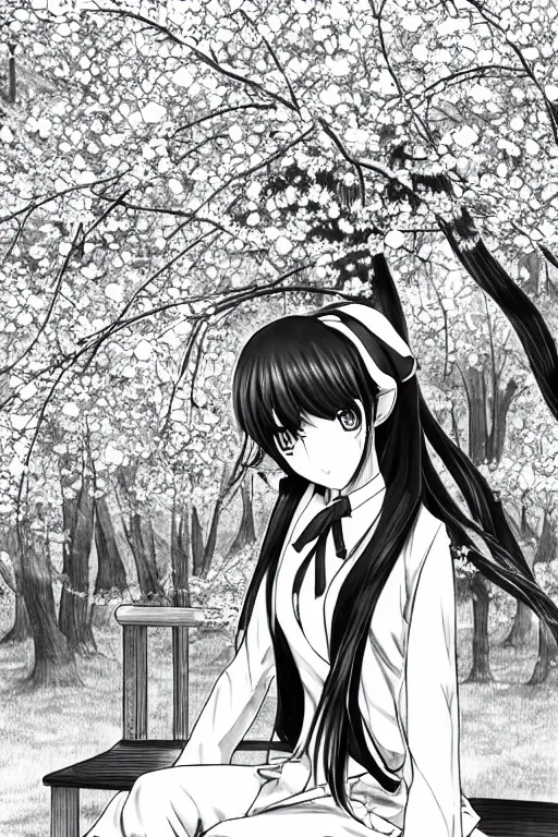 Image similar to black and white manga page, highly detailed pen, shoujo romance, two girls, first girl with long dark hair in sailor uniform, second girl with short light hair in pant suit, sitting on bench, cherry blossom tree in background with petals floating, drawn by Atsushi Ohkubo