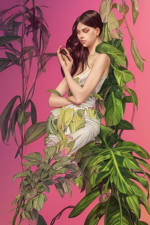 Prompt: ultra realistic illustration, transparant dress, banana plants drawing, pink background, elegant, highly detailed, digital painting, concept art, smooth, sharp focus, illustration, art by artgerm and greg rutkowski and alphonse mucha