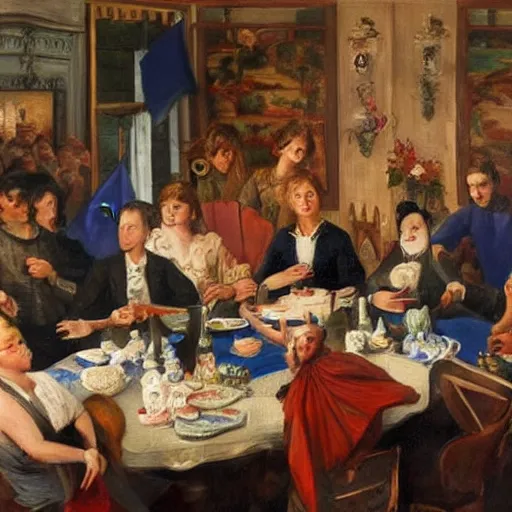 Prompt: beautiful painting of people sitting around a dinner table with the european flag draped over it