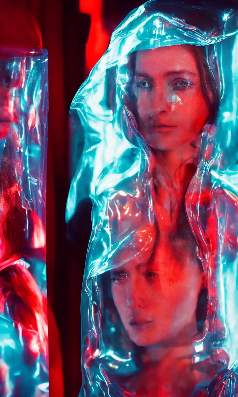 Prompt: A hyper realistic and detailed head portrait photography of a woman wearing a futuristic transparent raincoat with hoodie. by annie leibovitz. Neo noir style. Cinematic. Red neon lights and glow in the background. Cinestill 800T film. Lens flare.