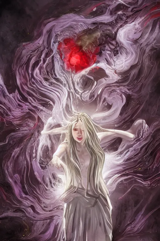 Image similar to A girl with a marble face, flowing silver-violet hair, stands with her arms spread out against the background of a blood-purple cloud, red streams flow through her body, skulls and bones of hands crawl out of the ground, dark red drops fly around, Anachronism, painting, dark fantasy, steampunk, 4k