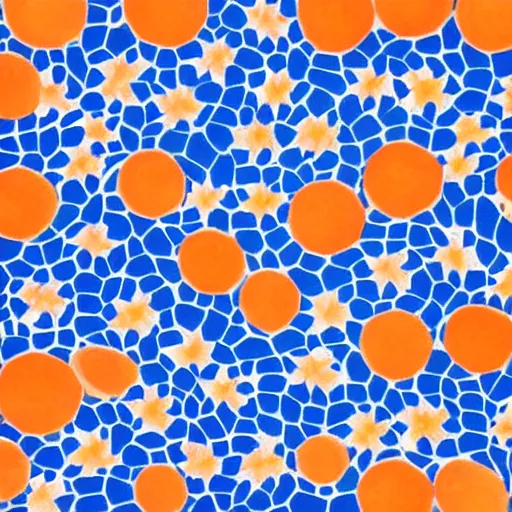 Prompt: “pattern of oranges and blossoms in a bright blue ocean, tiling”