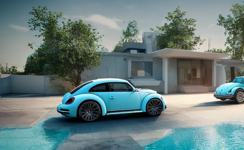 Image similar to a vw beetle parked near a modern small house with a pool at sunrise, concept art, octane render, unreal engine 5, trending on artstation, high quality, highly detailed, 8 k, soft lighting, path traced, godrays, lens flare, hyperrealistic, symmetrical, low contrast, digital art, beautiful, elegant