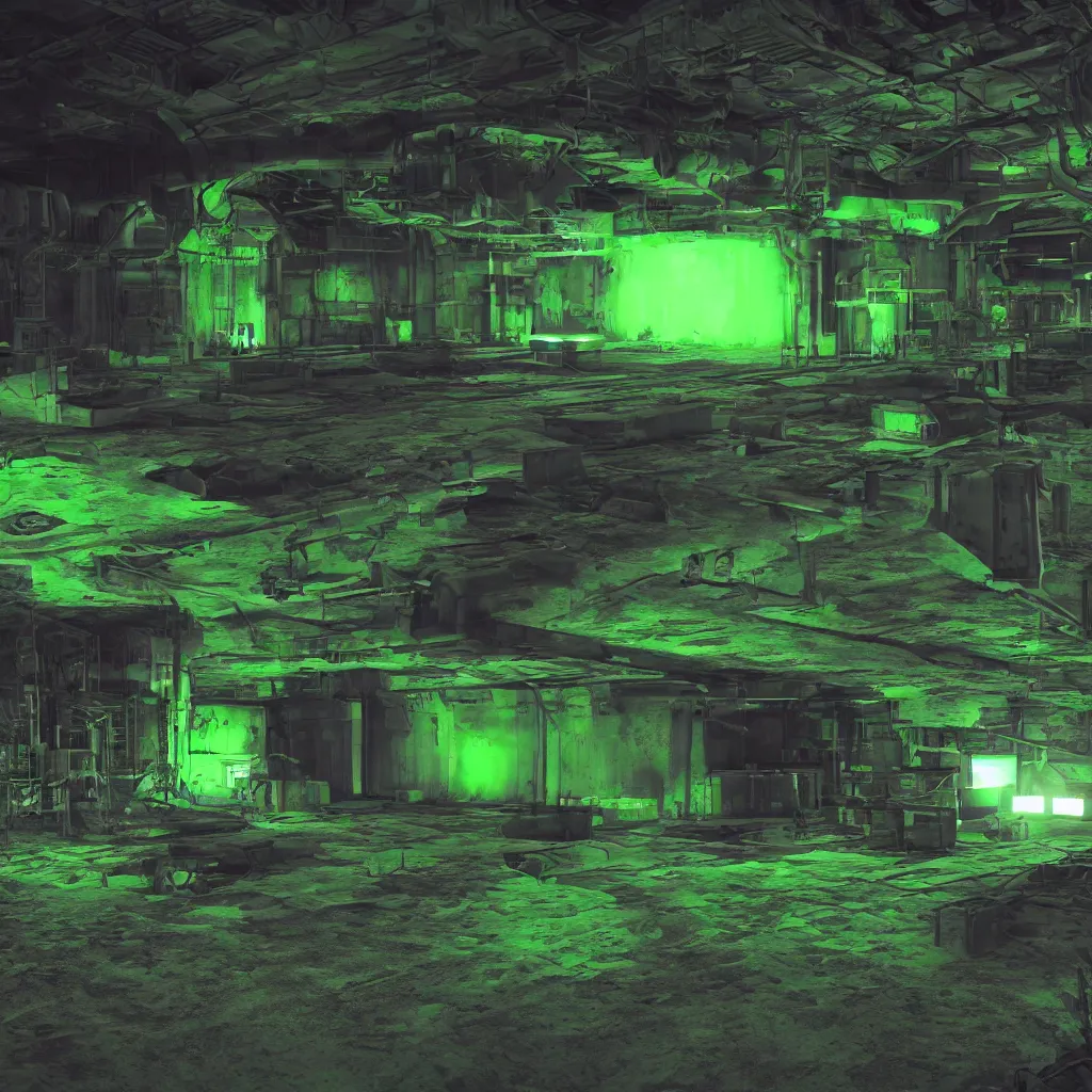 Image similar to secret under ground base with a green glowing uranium tank, octane render, xray melting colors