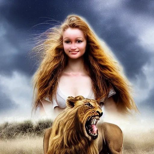 Image similar to girl riding a lion, extremely detailed, high quality, 4 k, cinematic, dramatic lightning, photo realistic, beautiful face, highly detailed face