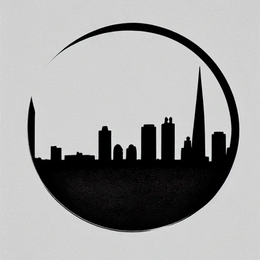 Image similar to a perfect circle where the inside is empty blank space and around the outer edge of the circle is the silhouette of a city skyline, black and white, minimalist, in the style of a charcoal drawing, made by david mellen