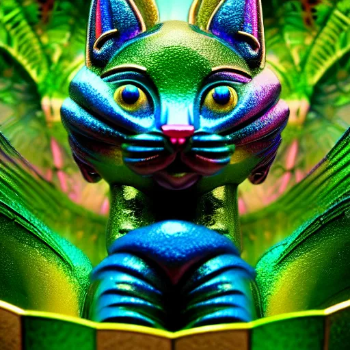 Prompt: giant iridescent mix between a feline and bug creature in lush jungle, raining, foggy, moody, :: by Jeff Koons, Dan McPharlin Daniel Merrian :: ornate, dynamic, particulate, rich colors, intricate, elegant, highly detailed, centered, artstation, smooth, sharp focus, octane render, 3d