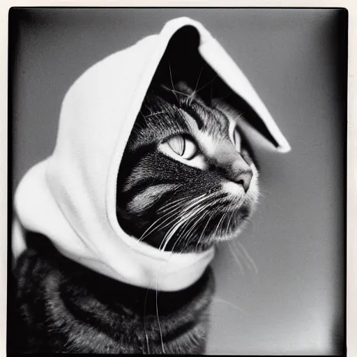 Image similar to close-up shot of a cat wearing hoodie in 80s, funny, Polaroid photo, by Warhol